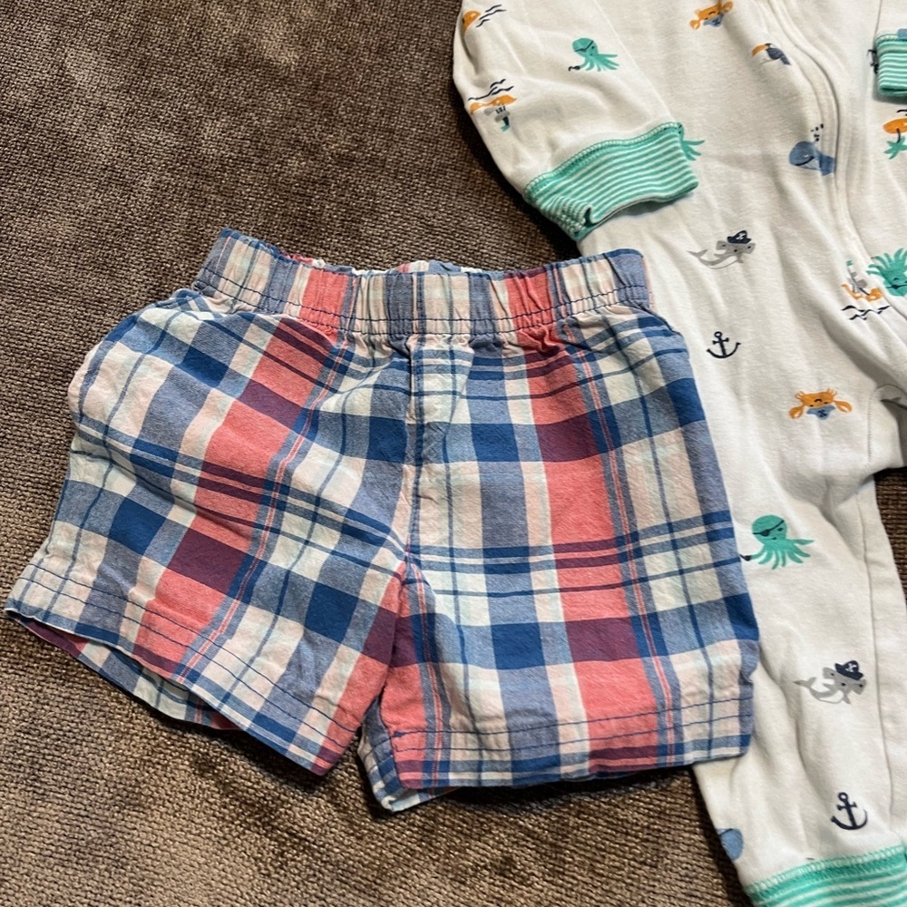 9 Month Baby Bundle: Plaid Shorts, Skeleton Onesie and Sea Life One Piece Set - Picture 2 of 9